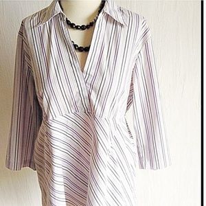 DUO MATERNITY White Black Purple Striped V-Neck Career Top Large